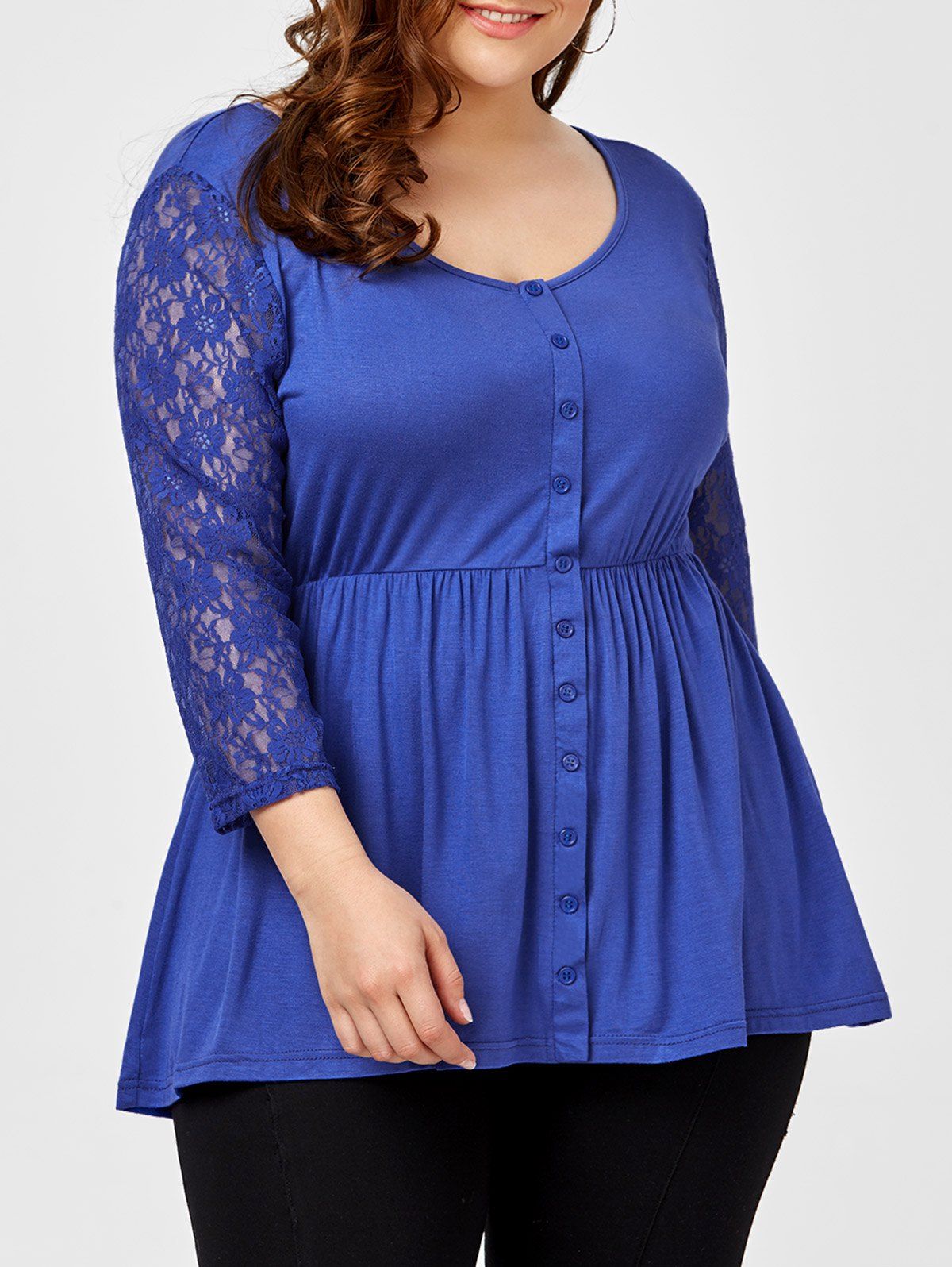 

Plus Size Button Lace Insert Swing Top, Royal blue