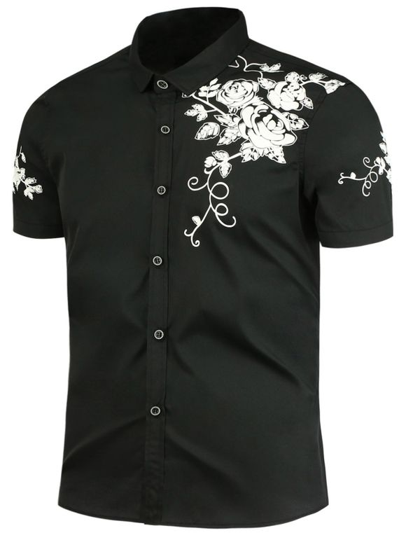 Motif Fleurs Button Up Shirt - Noir 2XL