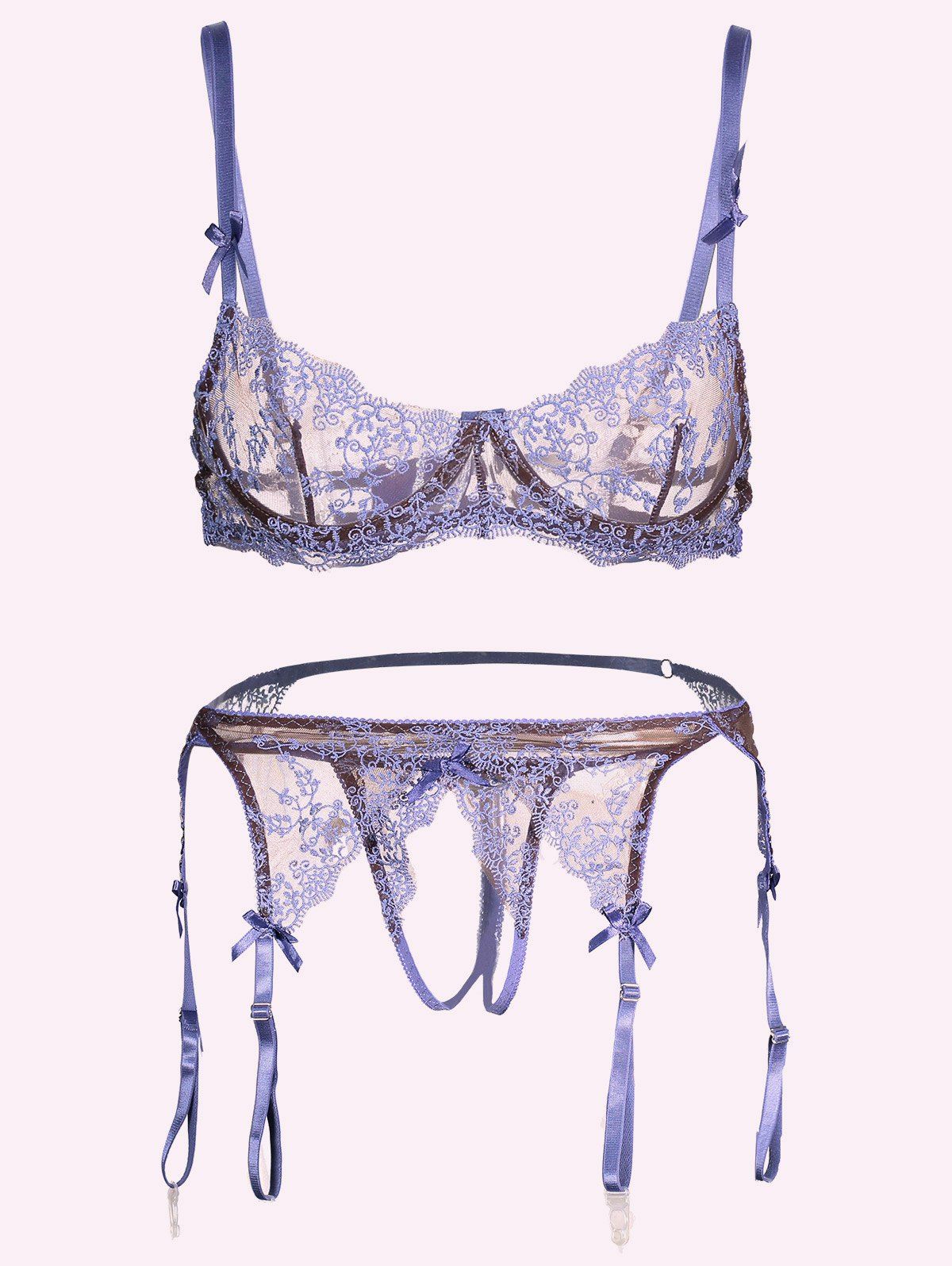 

Embroidered Underwire See Thru Bra Set, Blue lilac