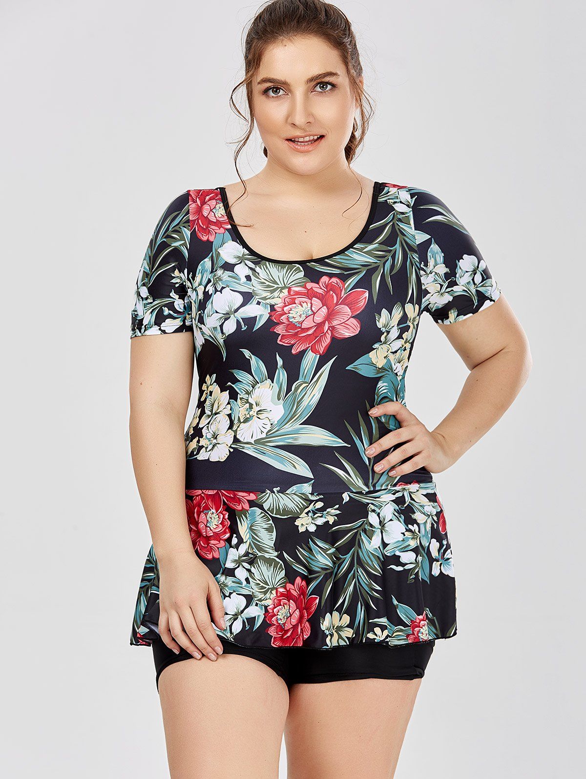 2018 Plus Size Hawaiian Printed Skirted One Piece Bathing Suit DEEP RED ...
