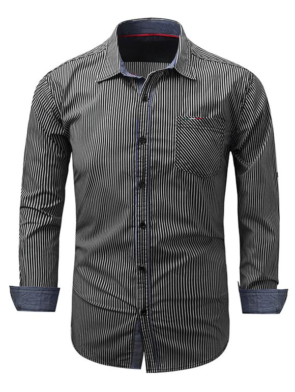 Chemise à Rayure Verticale Brodée avec Poches - Noir L