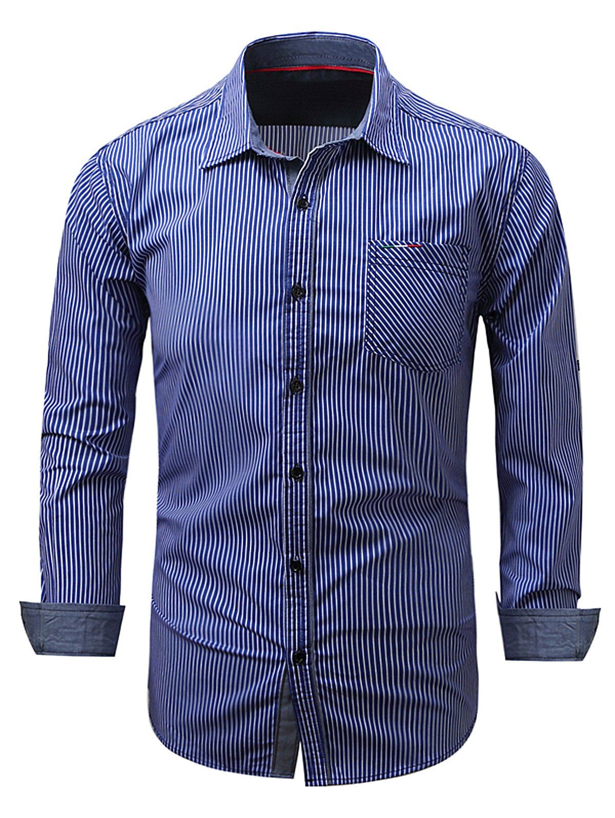 

Embroidered Pocket Vertical Striped Shirt, Blue