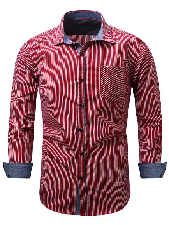 Chemise à Rayure Verticale Brodée avec Poches - Rouge XL