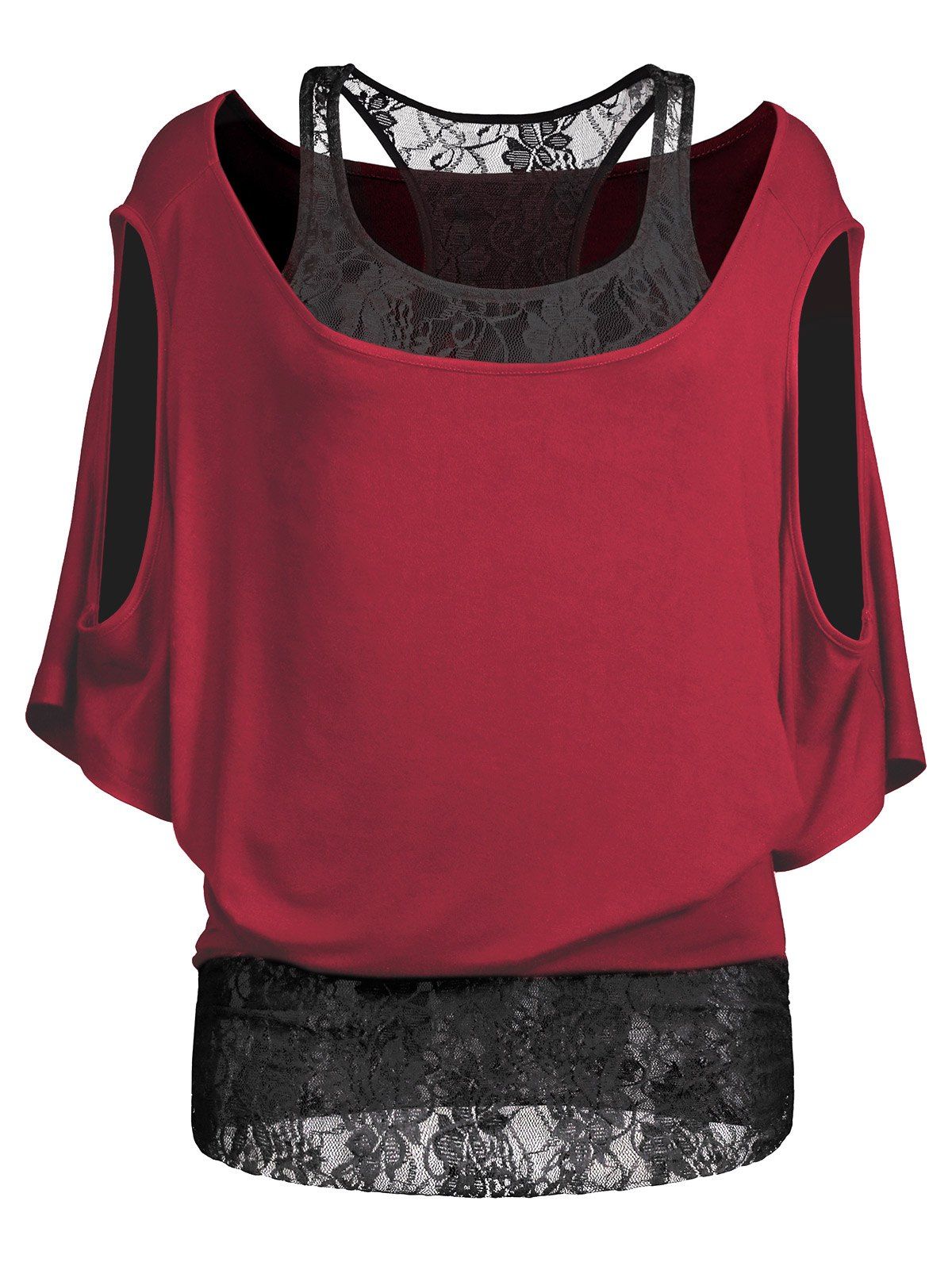 

Cold Shoulder Batwing Lace Blouse, Wine red