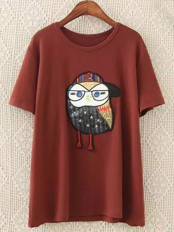 

Beaded Patched Plus Size Tee, Dark red