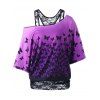 T-Shirt à Motif Papillon à Encolure Cloutée Dos Coureux - Noir et Violet XL