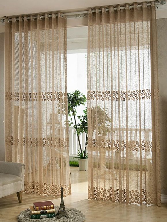 Rideau pour Fenêtre en Tulle Transparente avec Œillets et Broderie Florale - Brun du Café 100*250CM