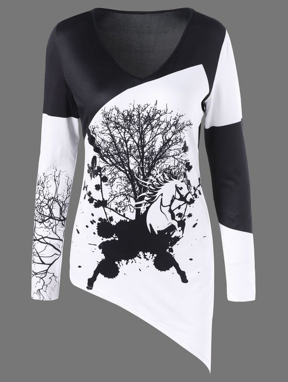 V Neck Trees Imprimer Asymétrique T-shirt - Blanc et Noir XL