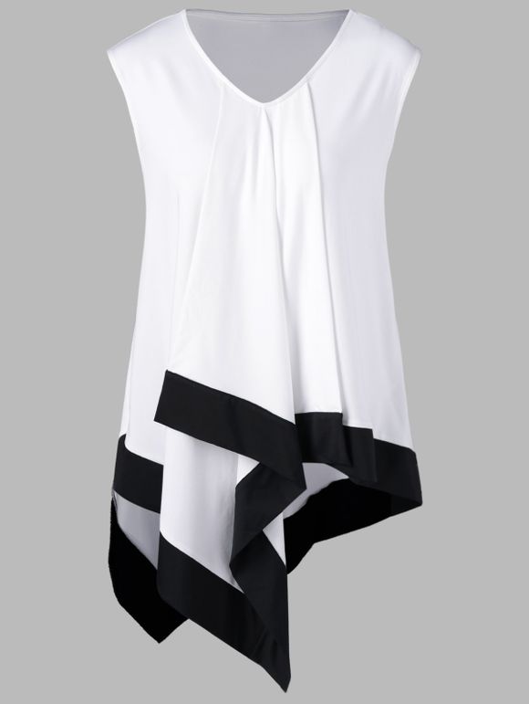 T-shirt Long Asymétrique Sans Manches Grande Taille - Blanc et Noir 4XL