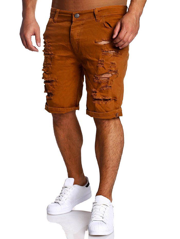 

Straight Leg Zipper Fly Distressed Shorts, Coffee