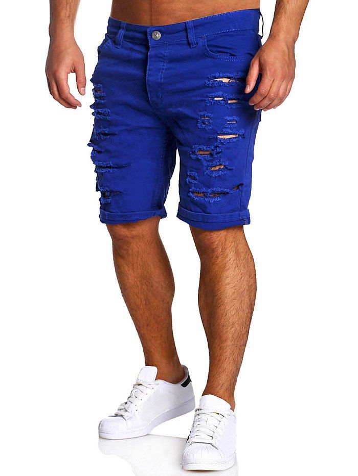 

Straight Leg Zipper Fly Distressed Shorts, Sapphire blue