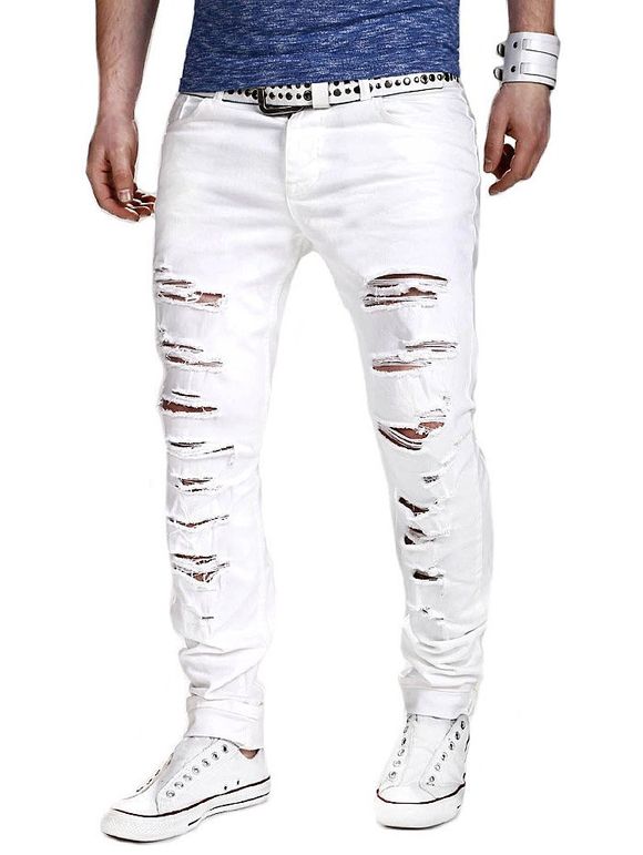 Pantalon Déchiré Maigre à Pieds Droits - Blanc XL