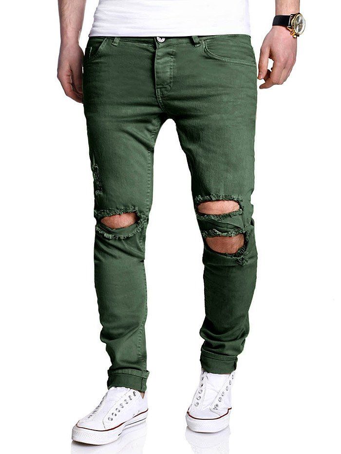 

Zipper Fly Distressed Narrow Feet Pants, Green