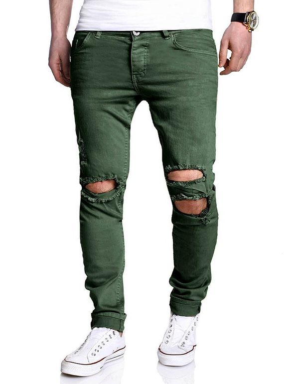 Pantalon Déchiré Zippé à Pieds Droits - Vert 2XL