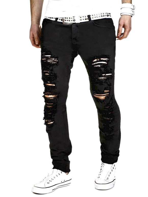Pantalon Design Fortement Usé Braguette à Glissière Pattes Étroites - Noir XL
