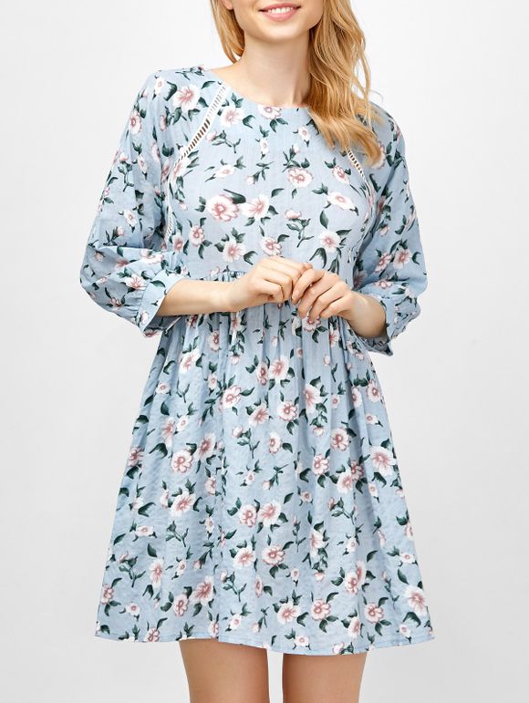 Floral Smock Going Out Swing Dress - BLUE 2XL