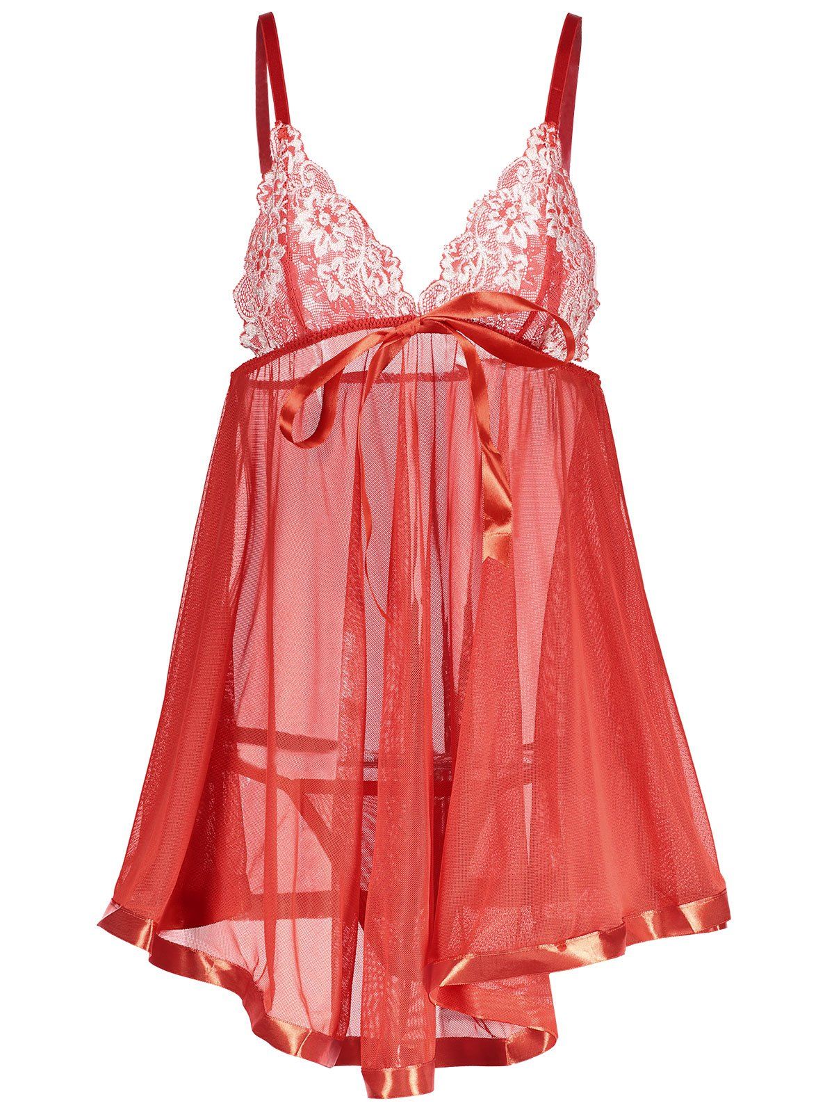 

Lace Insert Cami See Thru Babydoll, Red