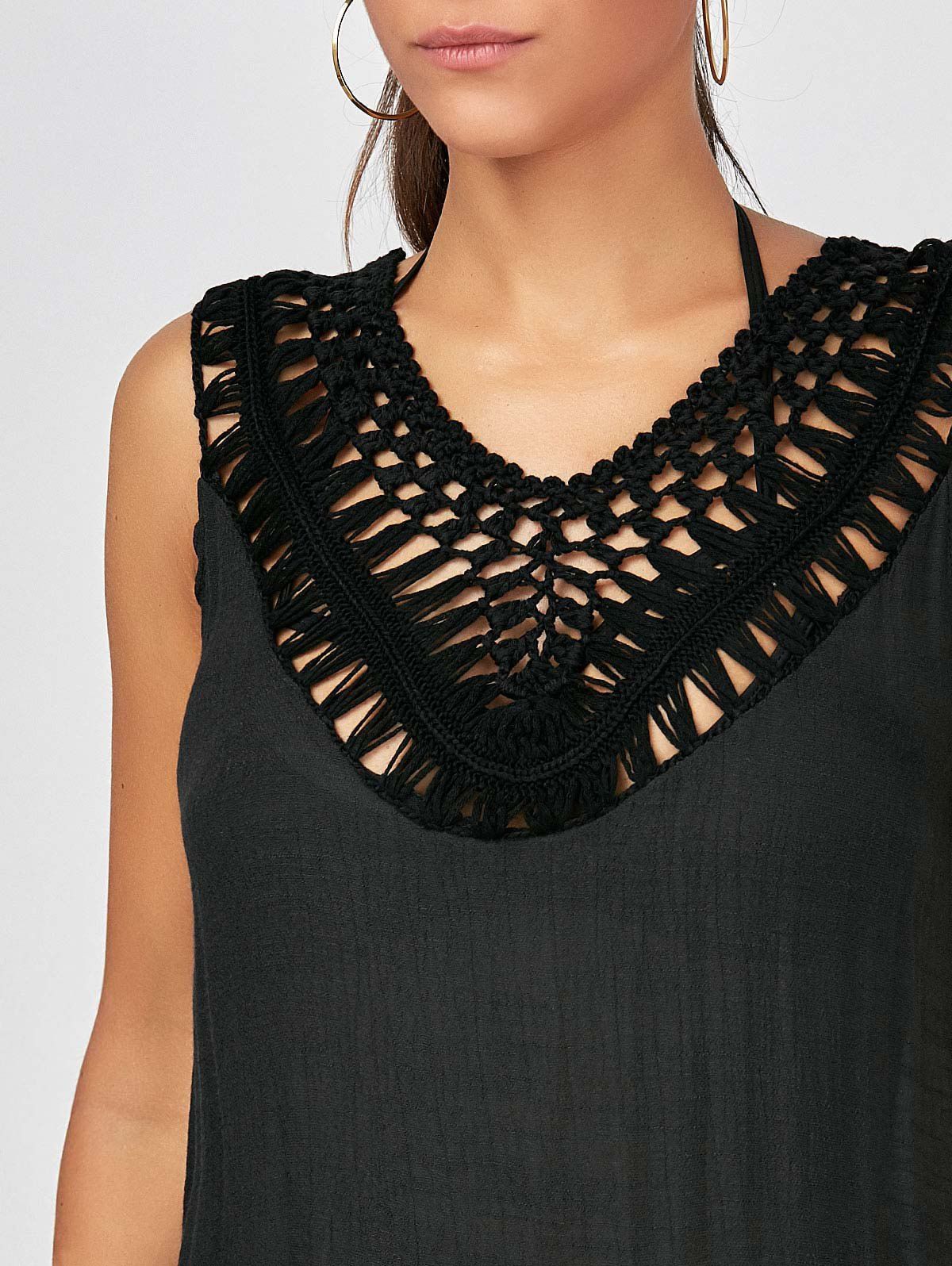 2018 Sleeveless Fringed Cover Up Dress for Beach BLACK ONE SIZE In