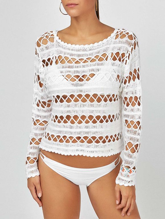 Long Sleeve Crochet Cover-Up - Blanc ONE SIZE