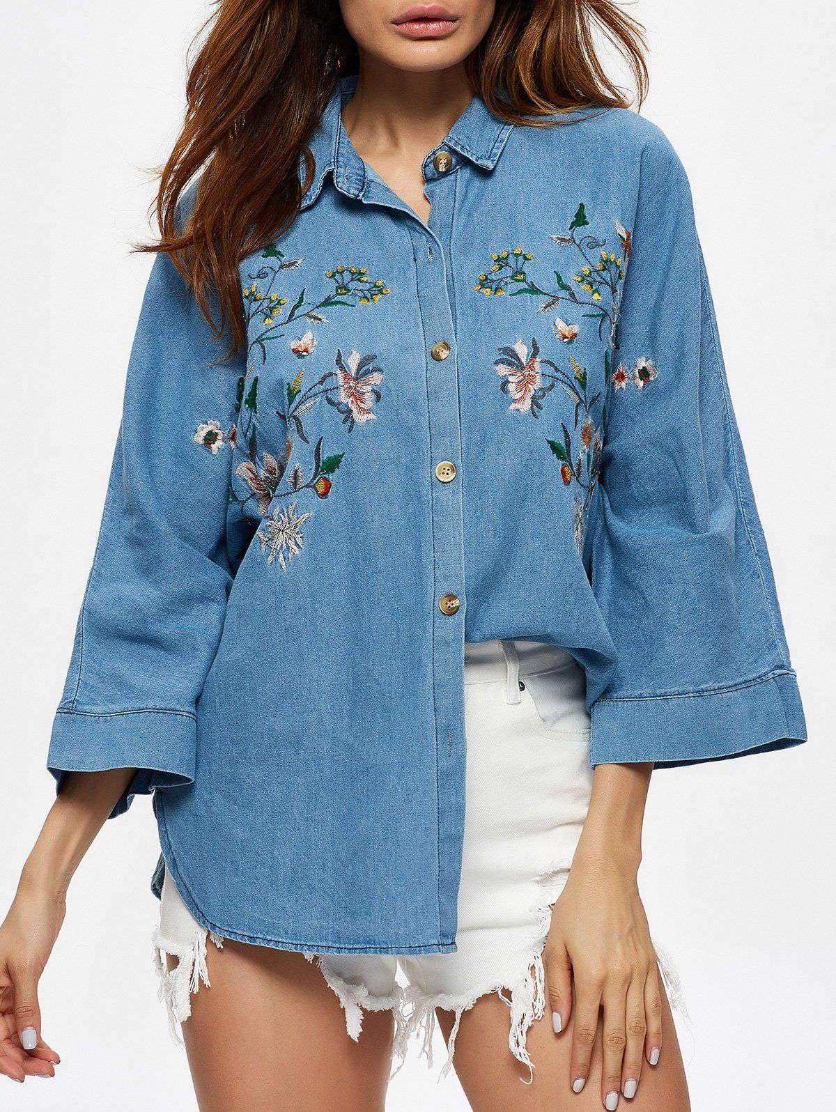 Floral Embroidered Single Breasted Denim Shirt - BLUE ONE SIZE(FIT SIZE XS TO M)