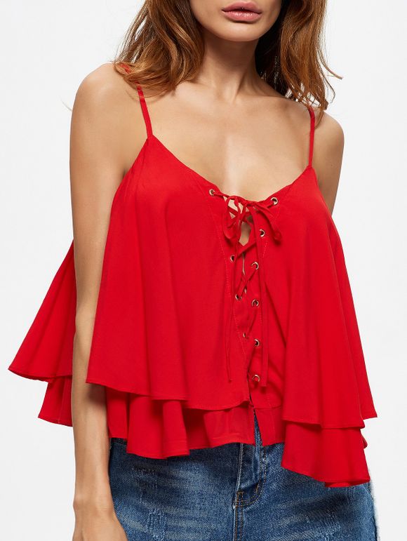 Layered Lace Up Volants Cami Top - Rouge XL