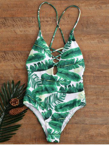 Palm Print Backless Plunge Padded One Piece Bathing Suit