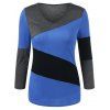 Color Block V Neck Slimming T-shirt - Bleu et Noir XL