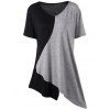 T-shirt de Grande Taille Long Asymétrique Contrastant - Noir et Gris XL
