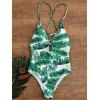 Palm Print Backless Plunge Padded One Piece Bathing Suit - GREEN M