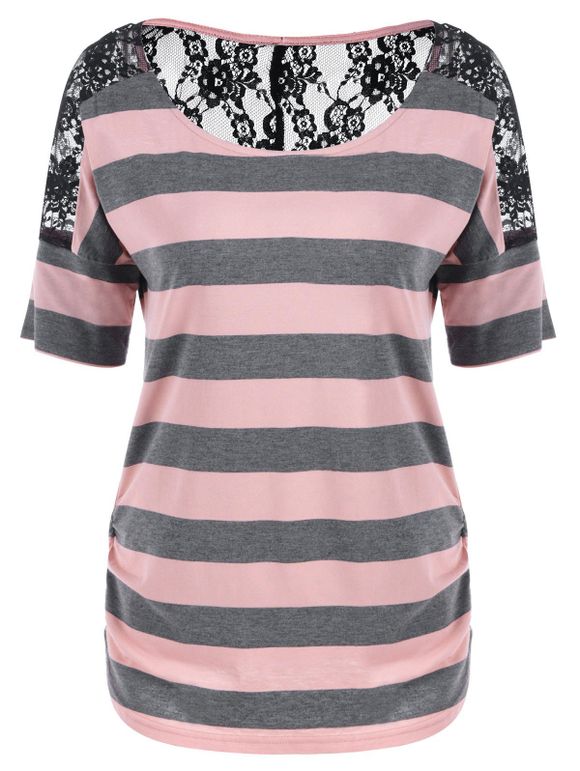 Stripes Lace Panel T-shirt - Rose XL