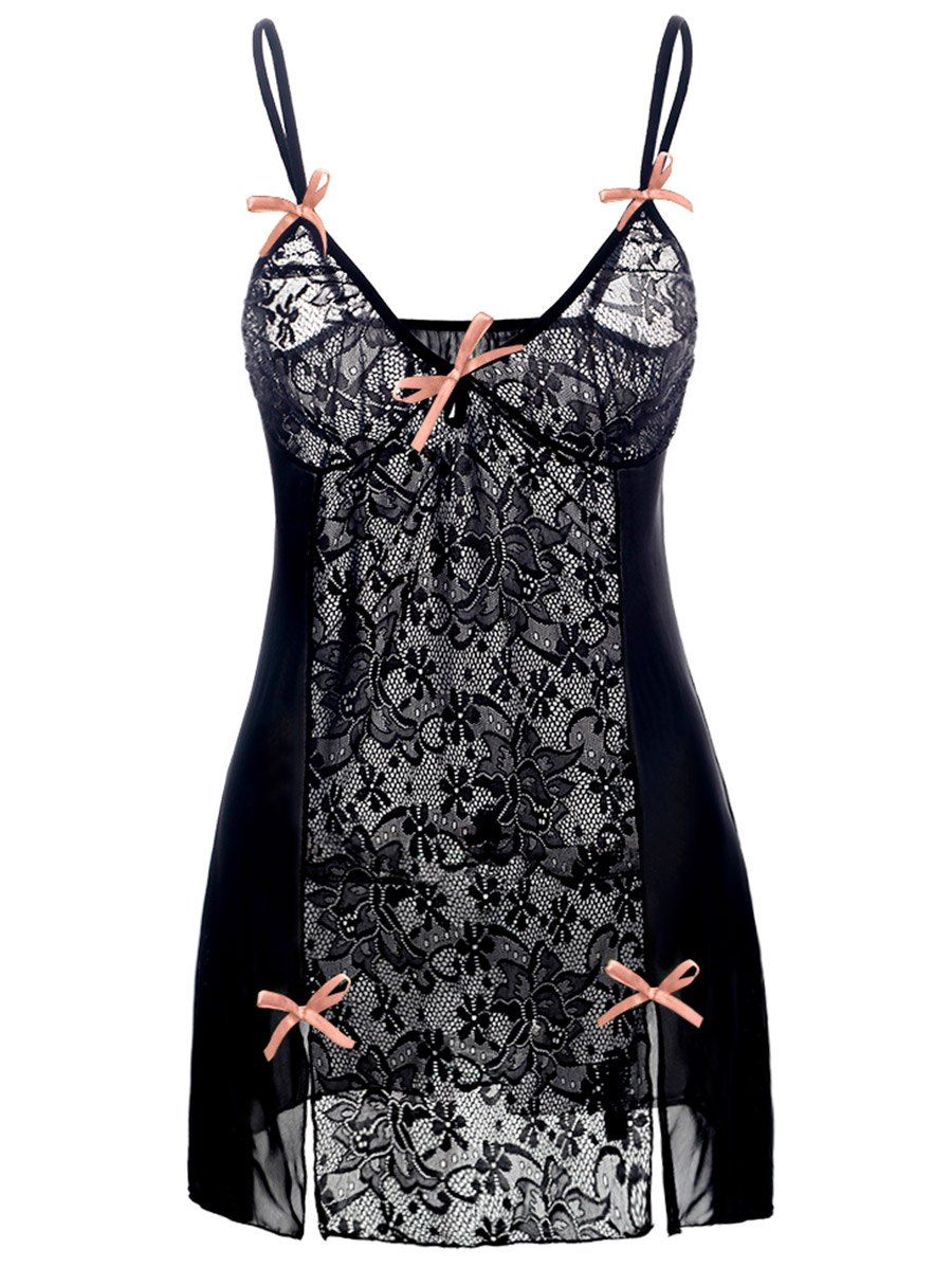 

See Through Lace Trim Plus Size Babydoll, Pink