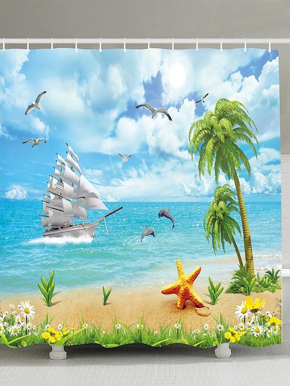 Eau Seascape Resistant Rideau de douche avec crochets - Bleu Ciel 180*180CM
