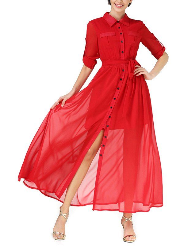 

Button Up Chiffon Swing Sheer Maxi Split Shirt Dress with Belt, Red