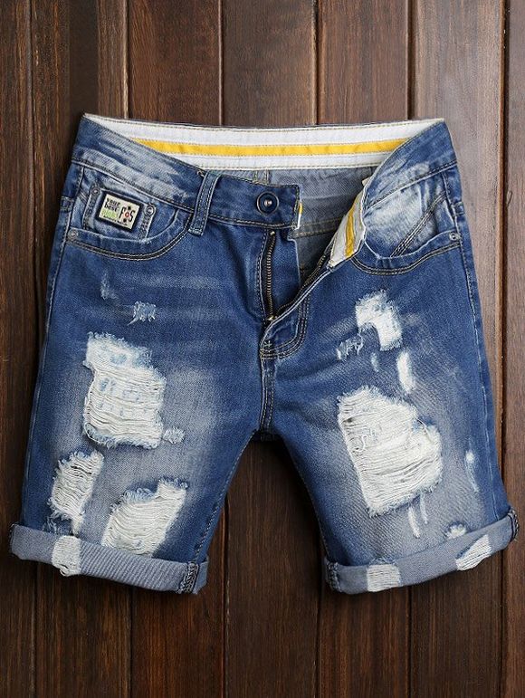 Ripped Zip Shorts Fly Cuffed Denim - Bleu Toile de Jean 34