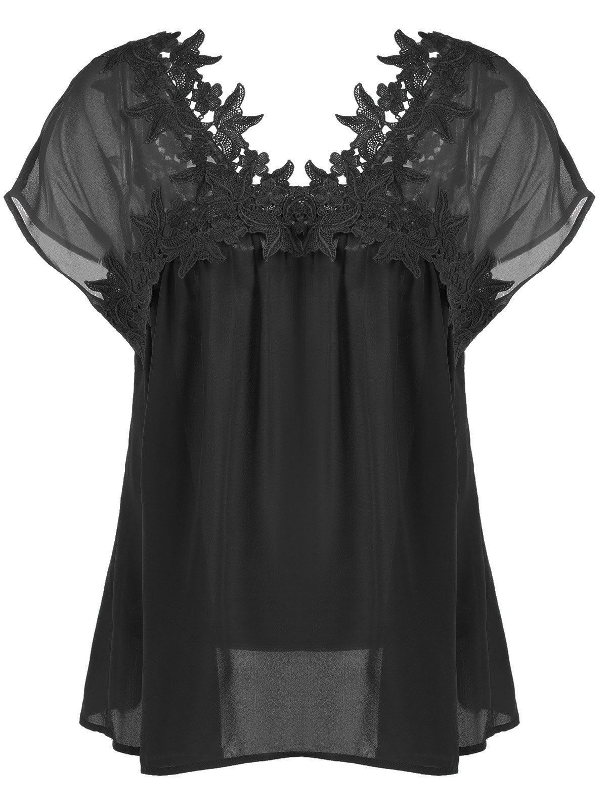 

Plus Size Applique Cap Sleeve Smock Blouse, Black