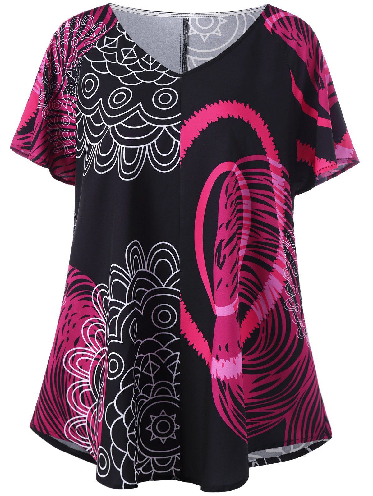 

Plus Size Printed V Neck Long T-Shirt, Tutti frutti