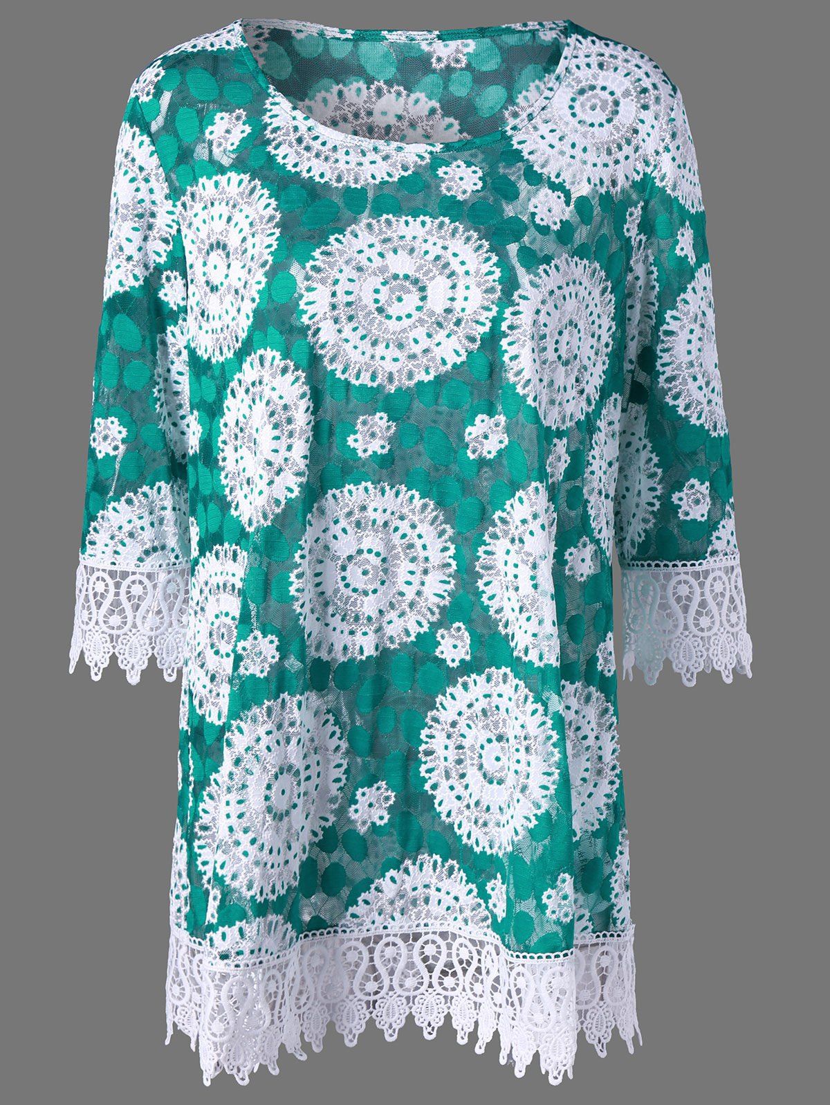 

Plus Size Round Print Lace Trim T-Shirt, White and green