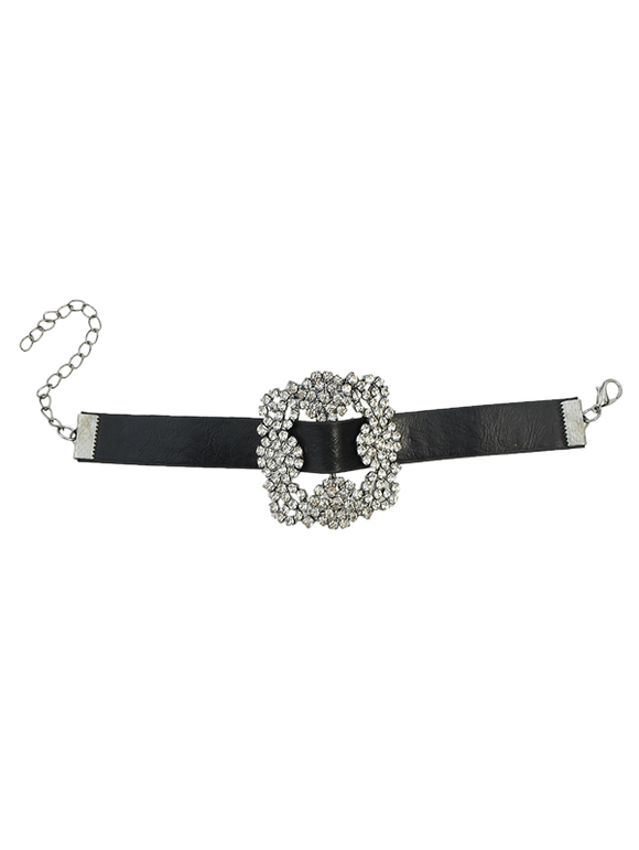 Bracelet en PU cuir avec fleur de strass - Noir 