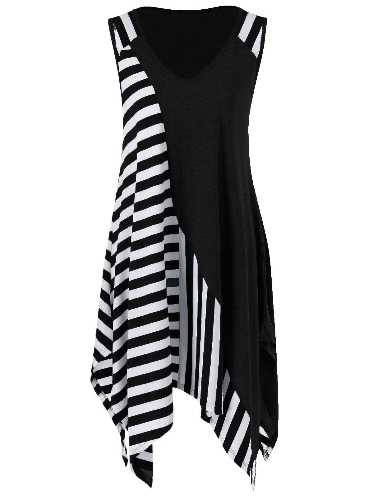 

Striped Long Handkerchief Sleeveless Flowy T-Shirt, White and black