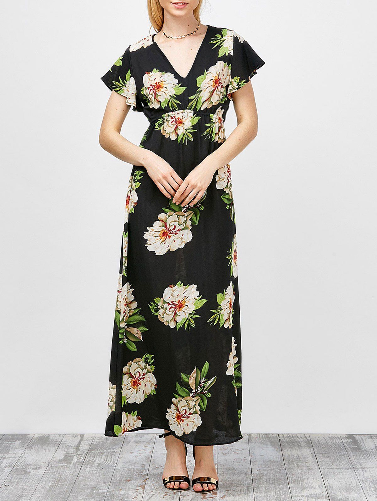 

V-Neck Long Floral Print Long Maxi Summer Dress, Black