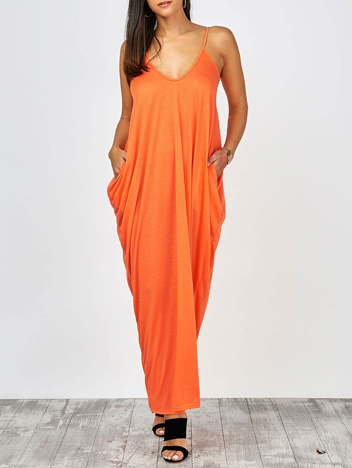 

V Neck Casual Summer Maxi Flowy Beach Slip Dress, Orange