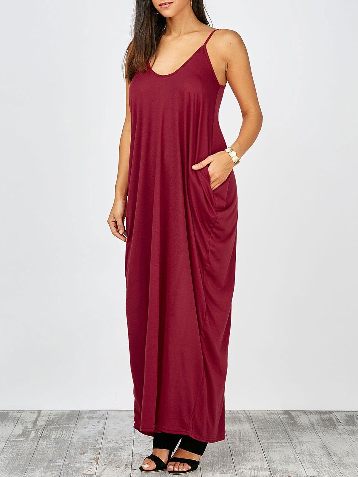 

V Neck Casual Summer Maxi Flowy Beach Slip Dress, Wine red