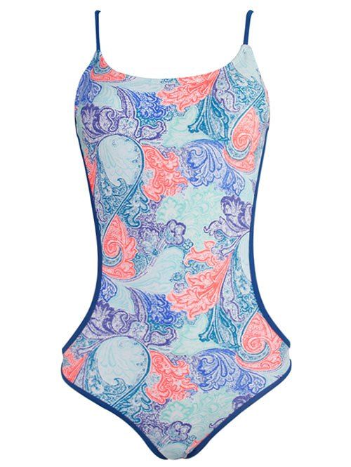 

Backless Print Straps One Piece Swimwear, Light blue