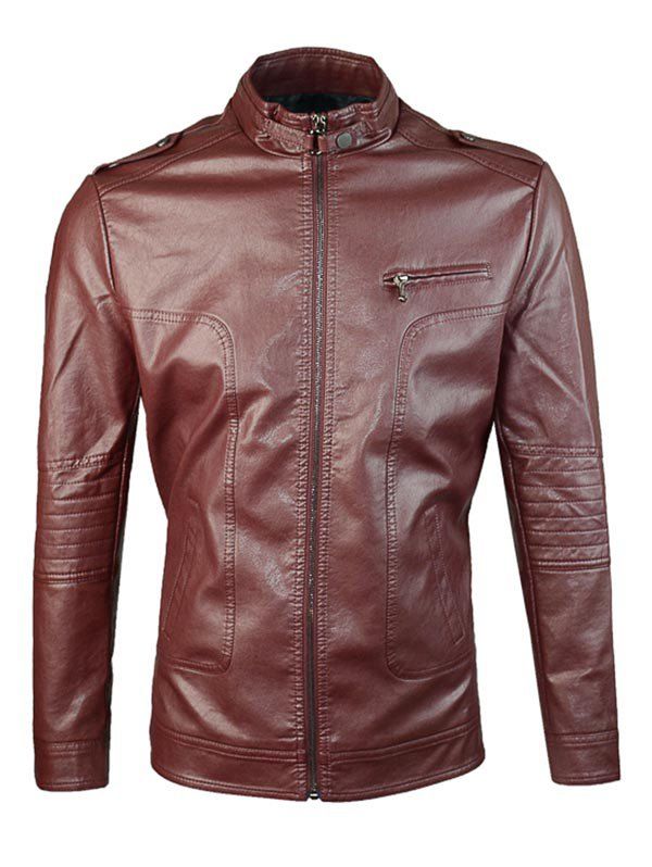 

Zip Up Epaulet Design PU Jacket, Wine red