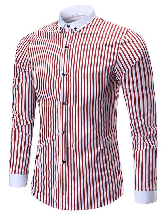 Button Down Vertical Stripe Shirt - Rouge L