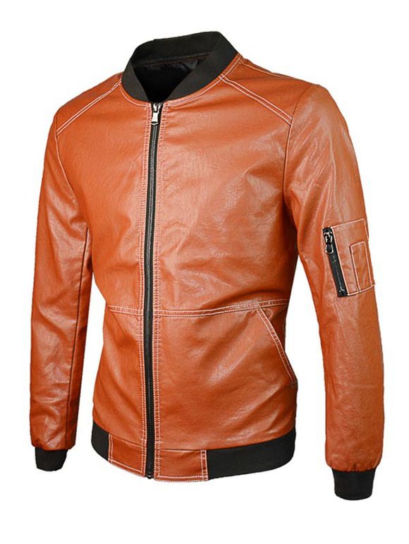Zip Up Rib Splicing PU Leather Jacket - Orange M