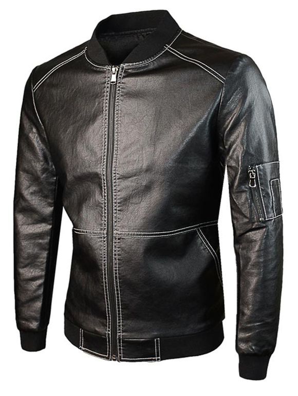 Zip Up Rib Splicing PU Leather Jacket - Noir M