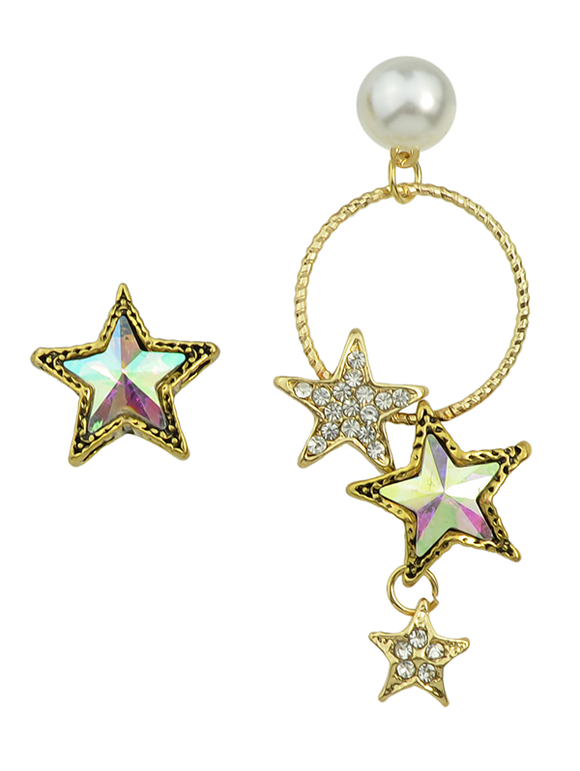 Boucles d'oreilles asymétriques de fausses perles et étoiles - d'or 