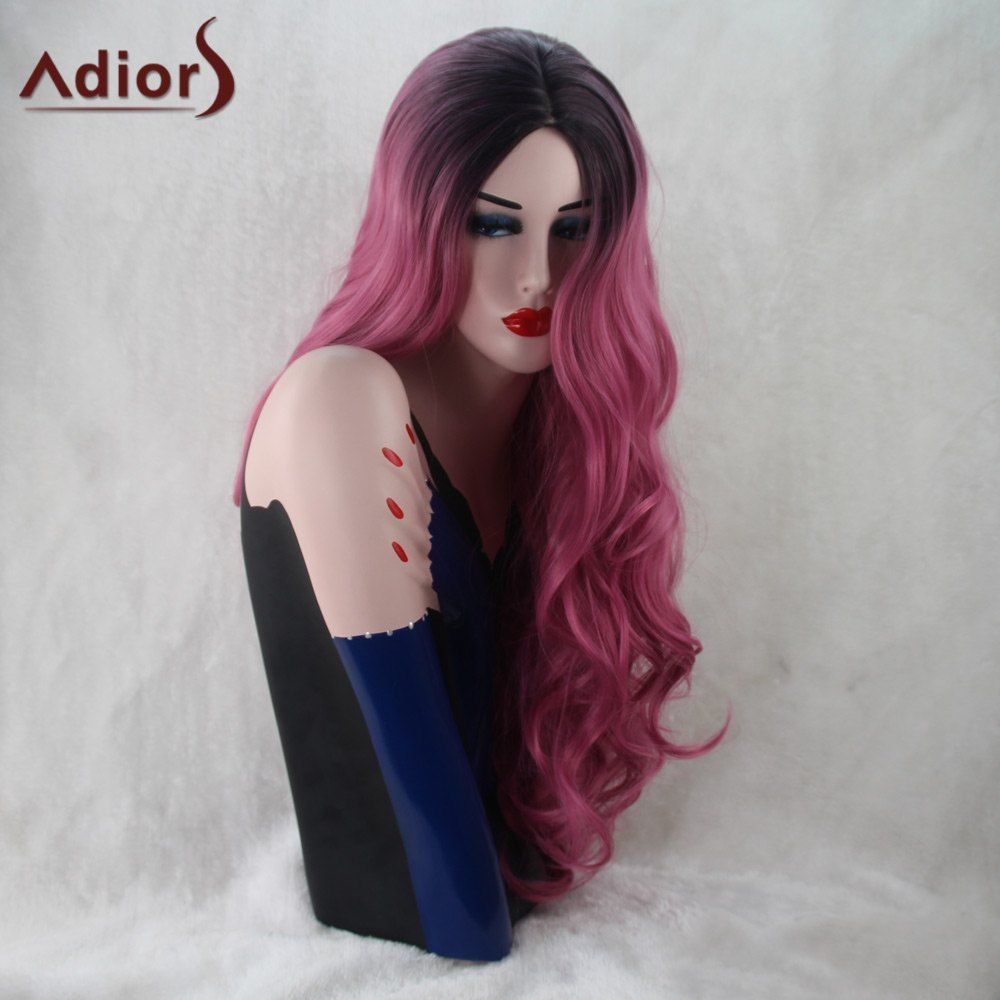 

Adiors Long Wavy Gradient Centre Parting Capless Synthetic Wig, Black and pink