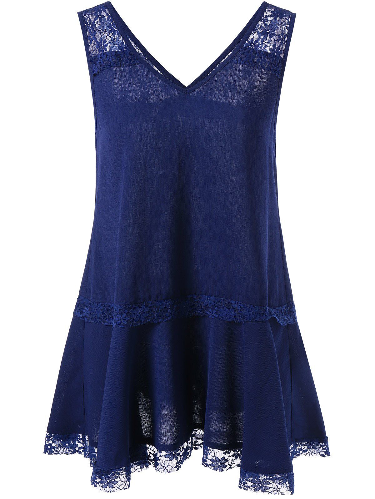 

V Neck Lace Insert Tank Top, Purplish blue